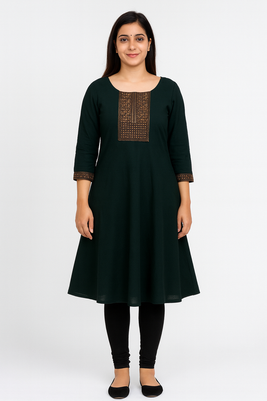 Elegant Copper Jari Kurti Top |  Bottle Green