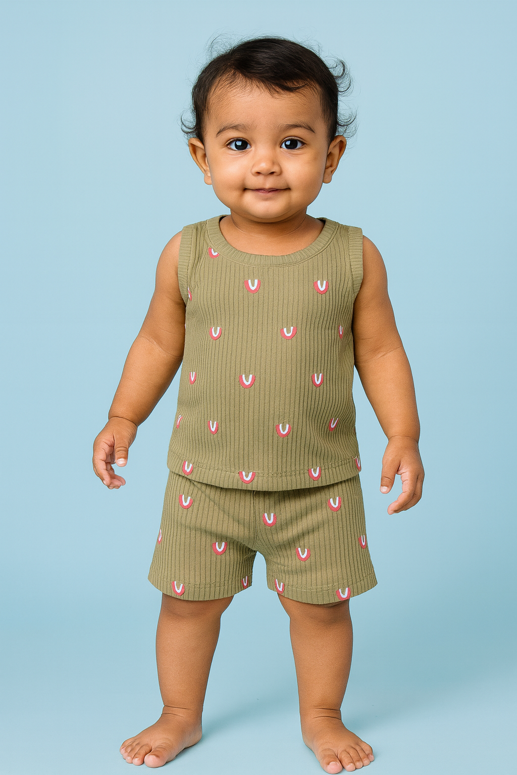 Baby Hug | Unisex Sleeveless T-shirt and Shorts | Premium Quality | Olive Green