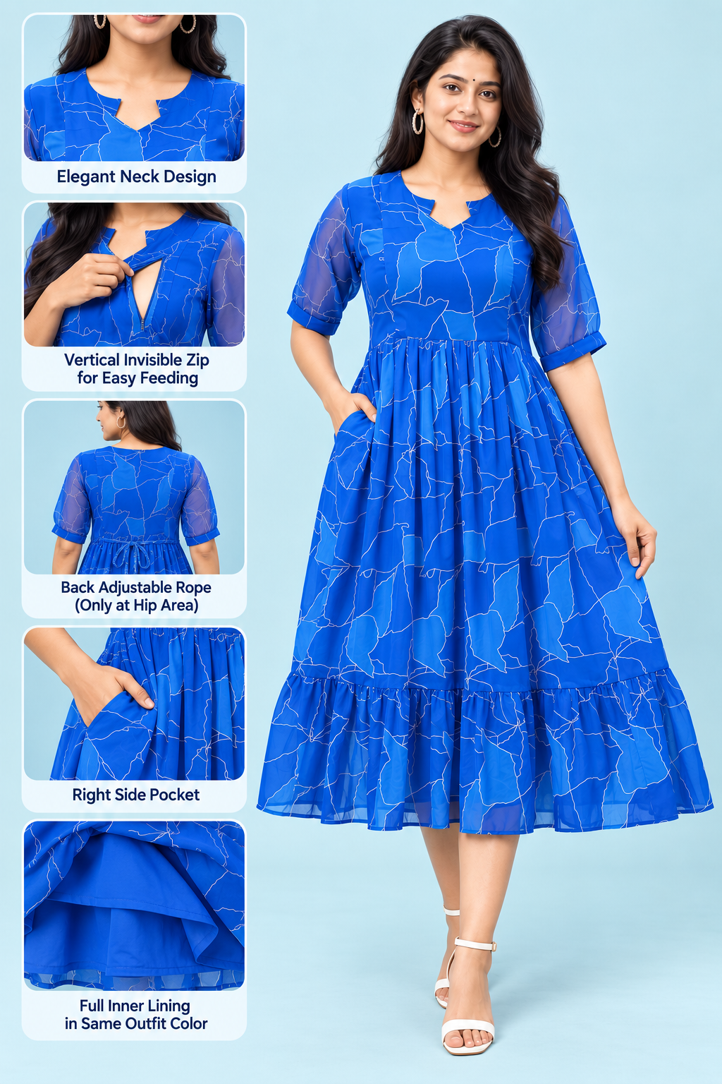Zip Feeding Frock | Dual side Feeding Zipper | georgette fabric | Royal Blue