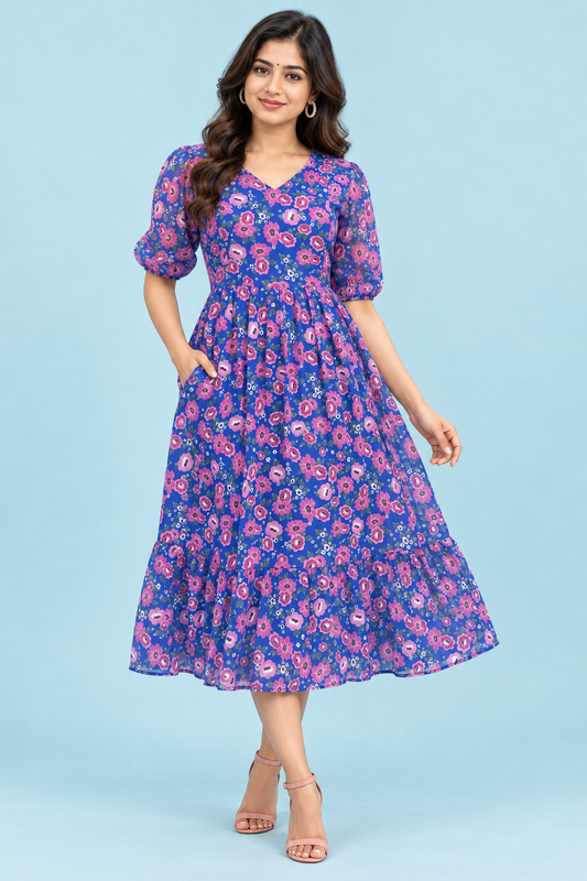 Zip Feeding Frock | Dual side Feeding Zipper | Georgette fabric | Royal Blue Flower print