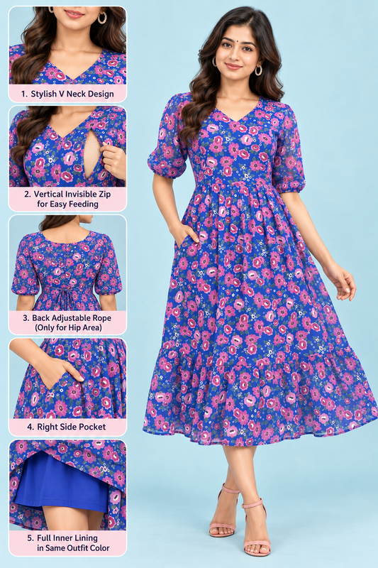 Zip Feeding Frock | Dual side Feeding Zipper | Georgette fabric | Royal Blue Flower print
