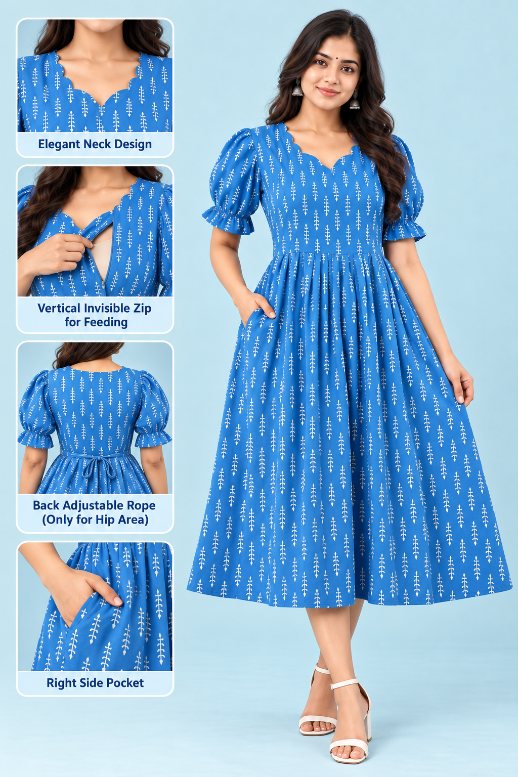 Zip Feeding Frock | Dual side Feeding Zipper | Cotton fabric | Blue