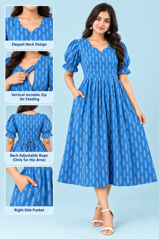 Zip Feeding Frock | Dual side Feeding Zipper | Cotton fabric | Blue