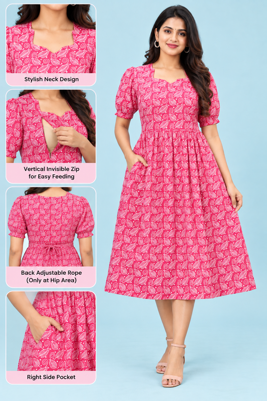 Zip Feeding Frock | Dual side Feeding Zipper | Cotton fabric | Leaf Print Pink