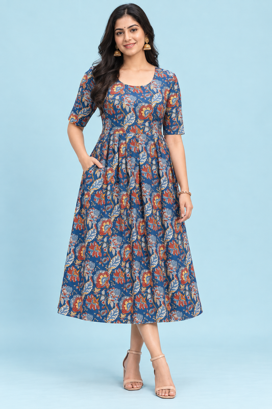 Zip Feeding Frock | Dual side Feeding Zipper | Cotton fabric | Floral Print Blue