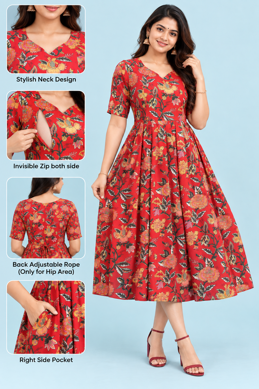 Zip Feeding Frock | Dual side Feeding Zipper | Cotton fabric | Floral Print Red
