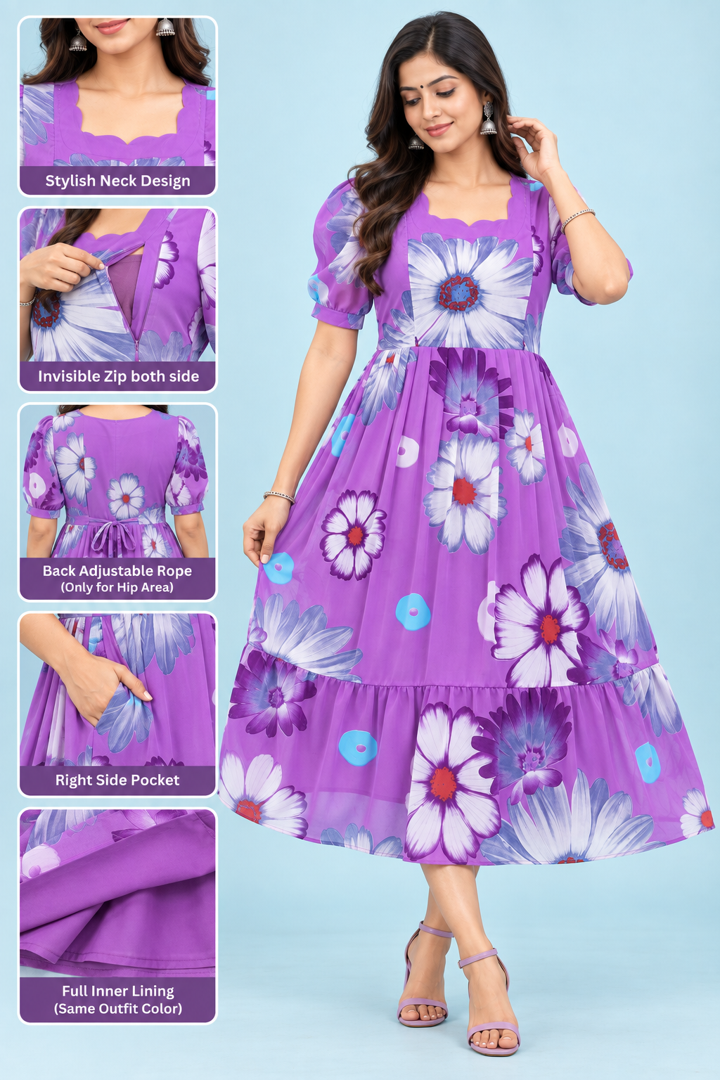 Zip Feeding Frock | Dual side Feeding Zipper | Georgette fabric Lavender Flower print