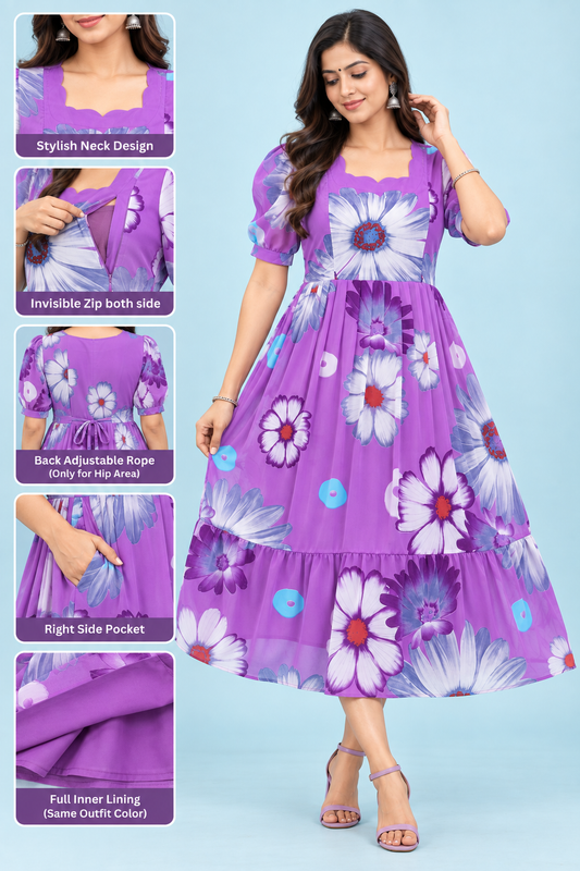 Zip Feeding Frock | Dual side Feeding Zipper | Georgette fabric Lavender Flower print