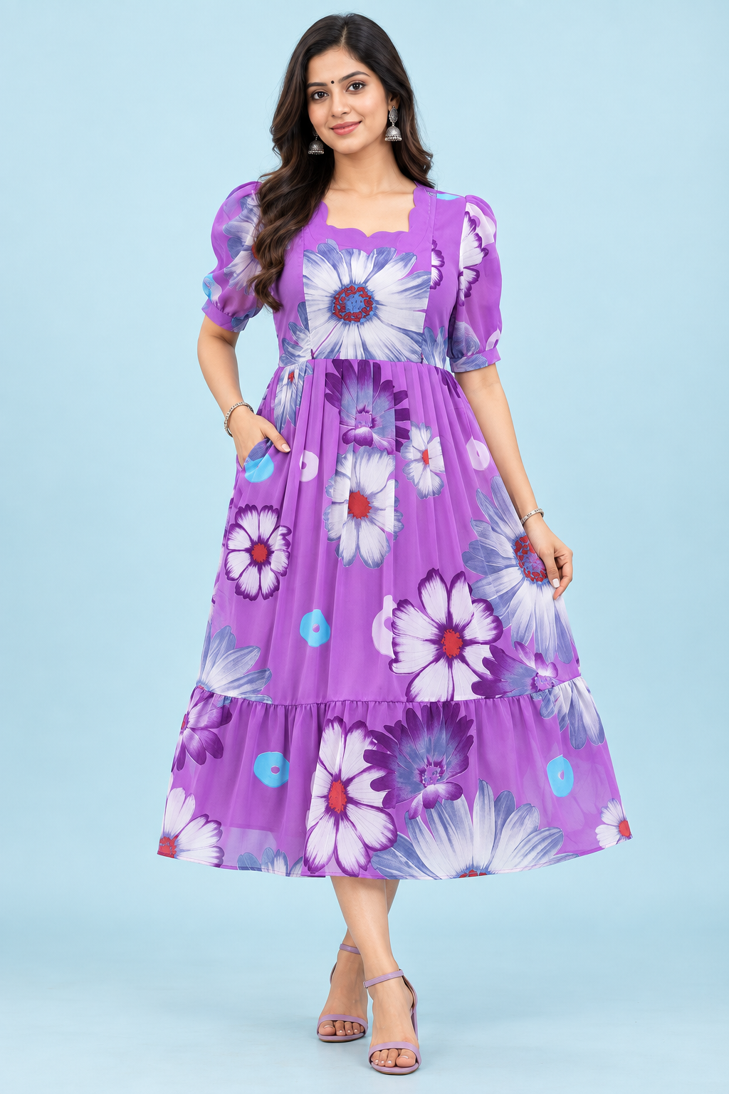 Zip Feeding Frock | Dual side Feeding Zipper | Georgette fabric Lavender Flower print