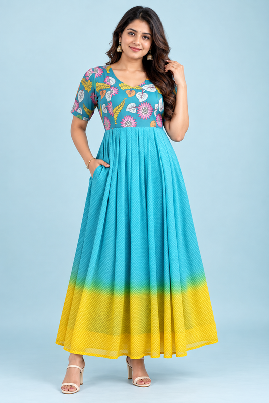 Zip Feeding Frock | Dual shade | georgette fabric | Sky Blue & Yellow