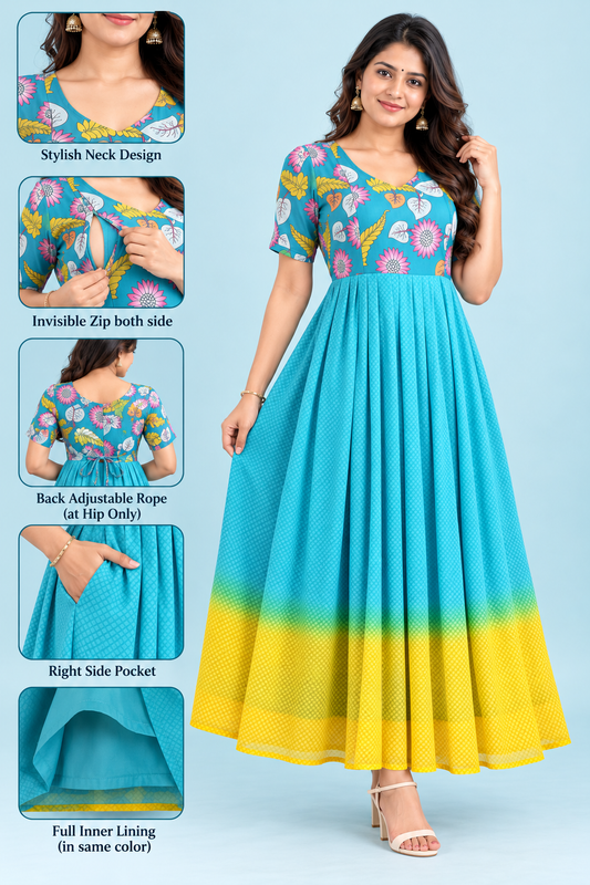 Zip Feeding Frock | Dual shade | georgette fabric | Sky Blue & Yellow