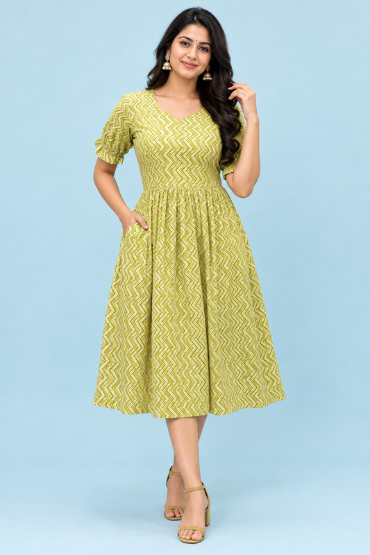 Zip Feeding Frock | Dual side Feeding Zipper | Cotton fabric | Lime Green