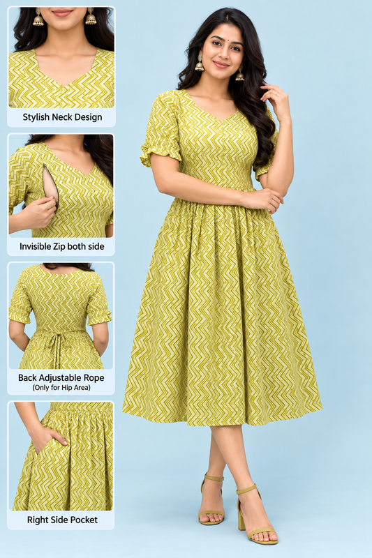 Zip Feeding Frock | Dual side Feeding Zipper | Cotton fabric | Lime Green