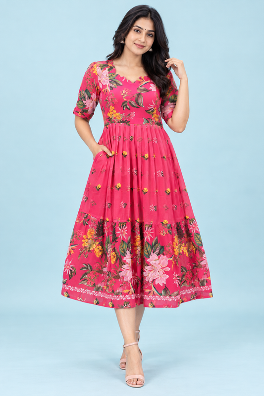 Zip Feeding Frock | Dual side Feeding Zipper | Georgette fabric | Pink - Floral Print
