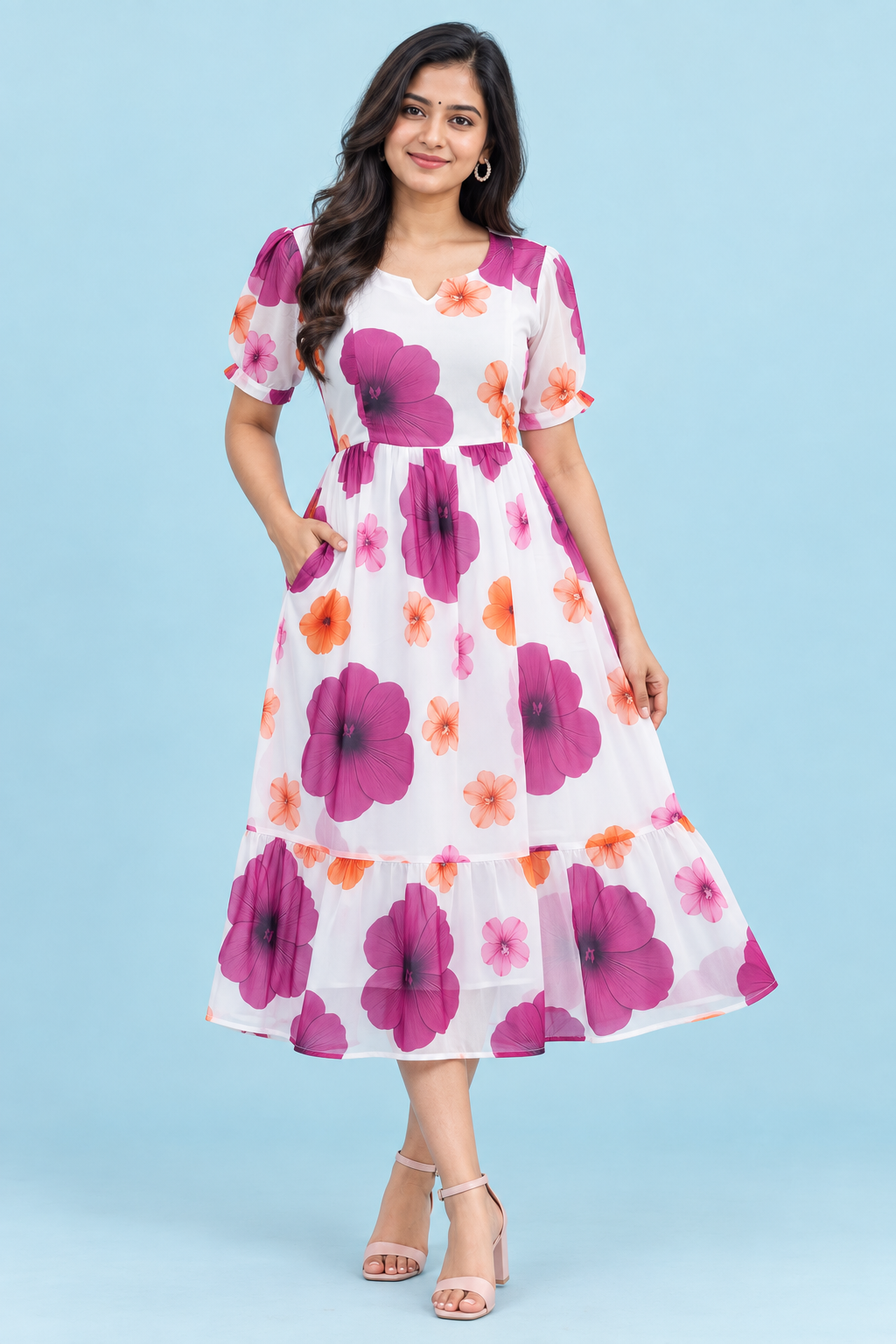 Zip Feeding Frock | Dual side Feeding Zipper | Georgette fabric | White & Lavender Flower print