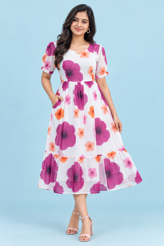 Zip Feeding Frock | Dual side Feeding Zipper | Georgette fabric | White & Lavender Flower print