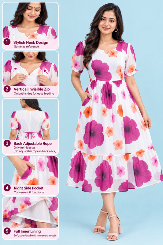 Zip Feeding Frock | Dual side Feeding Zipper | Georgette fabric | White & Lavender Flower print
