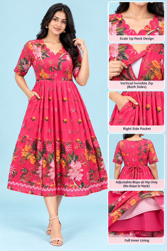 Zip Feeding Frock | Dual side Feeding Zipper | Georgette fabric | Pink - Floral Print