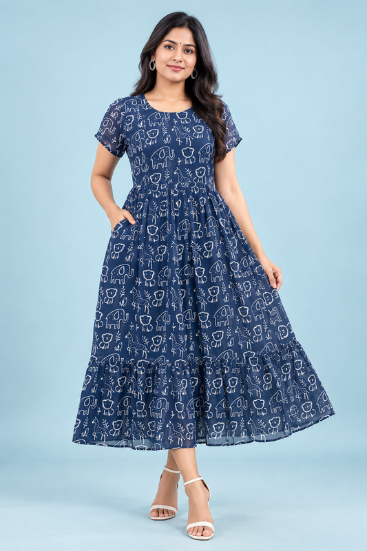 Zip Feeding Frock | Dual side Feeding Zipper | Georgette fabric | Navy Blue - Animals Print