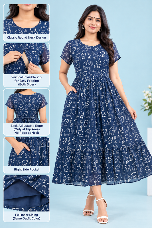 Zip Feeding Frock | Dual side Feeding Zipper | Georgette fabric | Navy Blue - Animals Print
