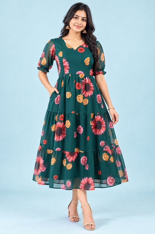 Zip Feeding Frock | Dual side Feeding Zipper | Georgette fabric | Bottle Green- Flower print