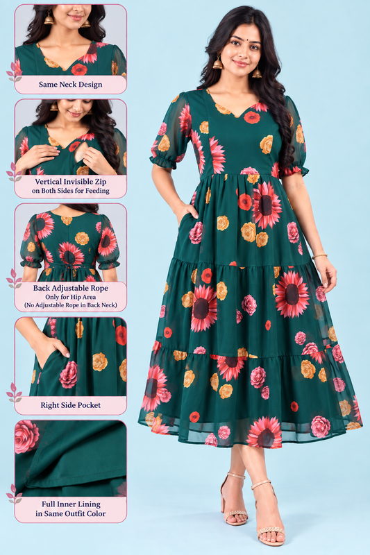Zip Feeding Frock | Dual side Feeding Zipper | Georgette fabric | Bottle Green- Flower print