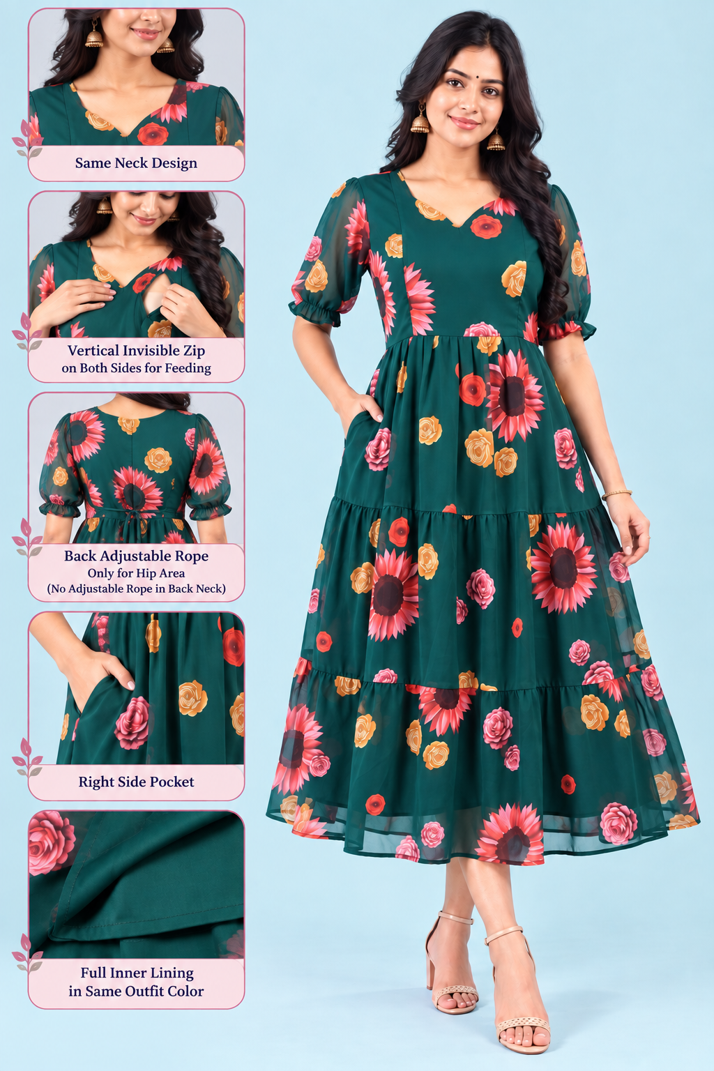 Zip Feeding Frock | Dual side Feeding Zipper | Georgette fabric | Bottle Green- Flower print