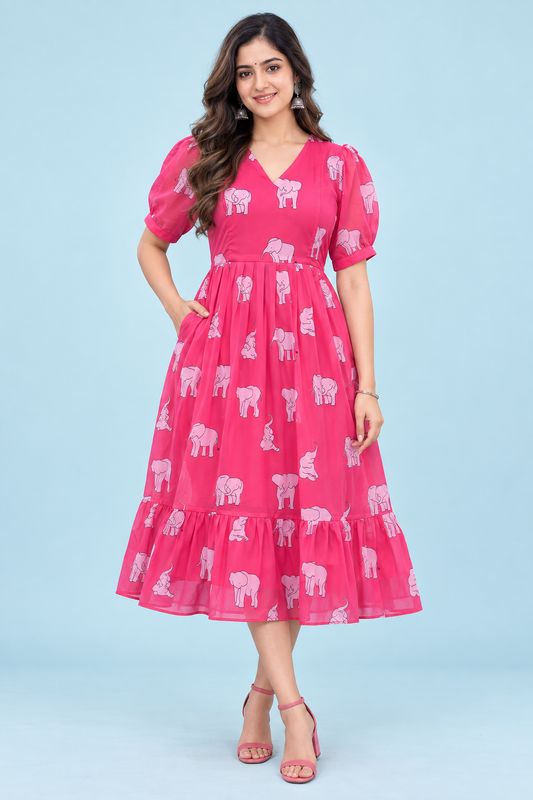 Zip Feeding Frock | Dual side Feeding Zipper | Georgette fabric | Pink - Elephant print