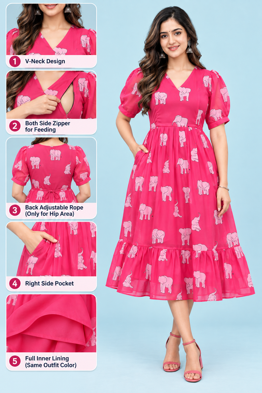 Zip Feeding Frock | Dual side Feeding Zipper | Georgette fabric | Pink - Elephant print