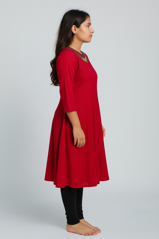 Jewell Neck Designer Kurti Top |  Red