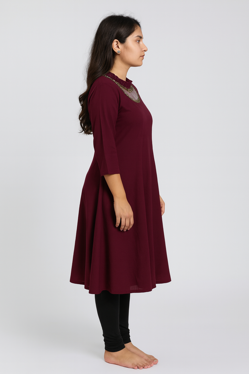 Jewell Neck Designer Kurti Top | Wine color