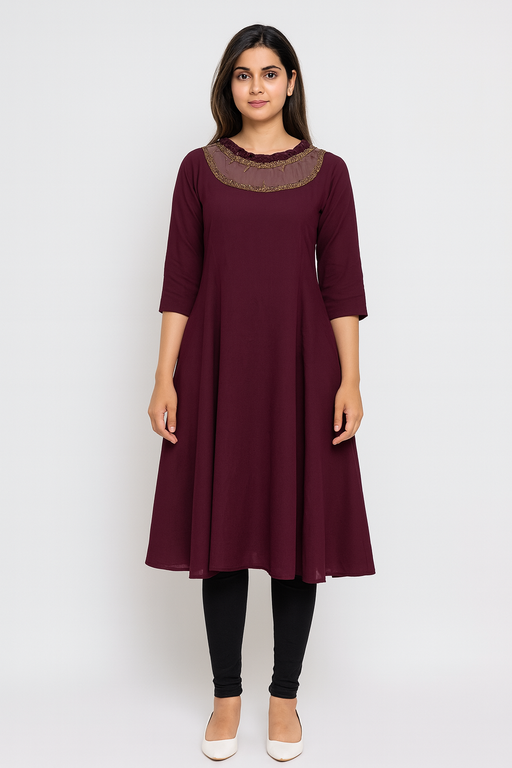 Jewell Neck Designer Kurti Top | Wine color