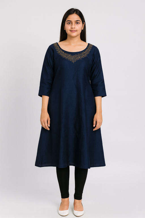 Jewell Neck Designer Kurti Top | Navy Blue