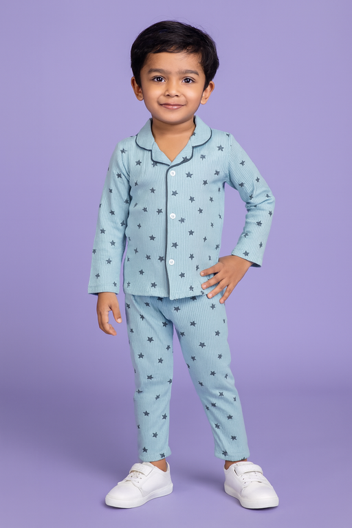 Mini Klub | Unisex Winter Wear soft Cotton Shirt & Pant Set | Premium Quality | Blue