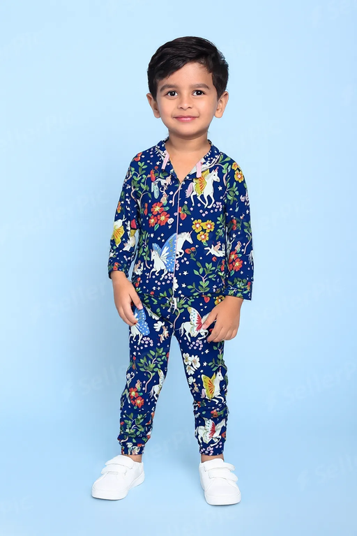 Mini Klub | Unisex Winter Wear soft Cotton Shirt & Pant Set | Premium Quality | Navy Blue