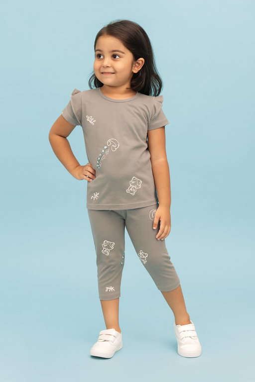 Valsack | Girls Capri Set| Short Sleeve | Grey