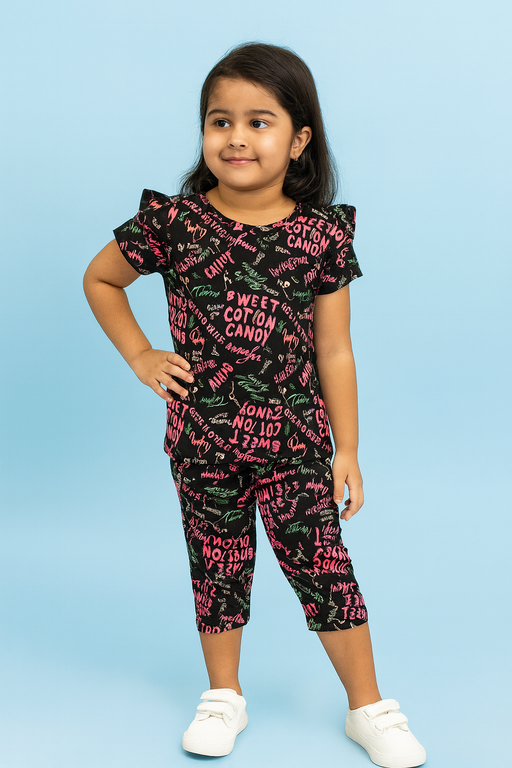 Valsack | Girls Capri Set| Short Sleeve | Black