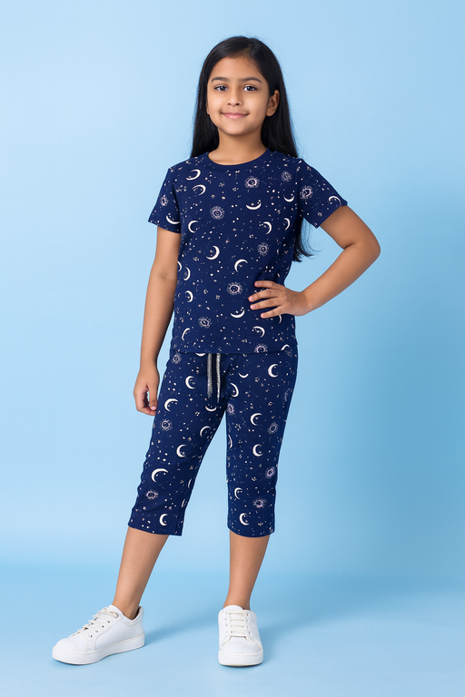 Yours | Girls Capri Set| Short Sleeve | Navy Blue