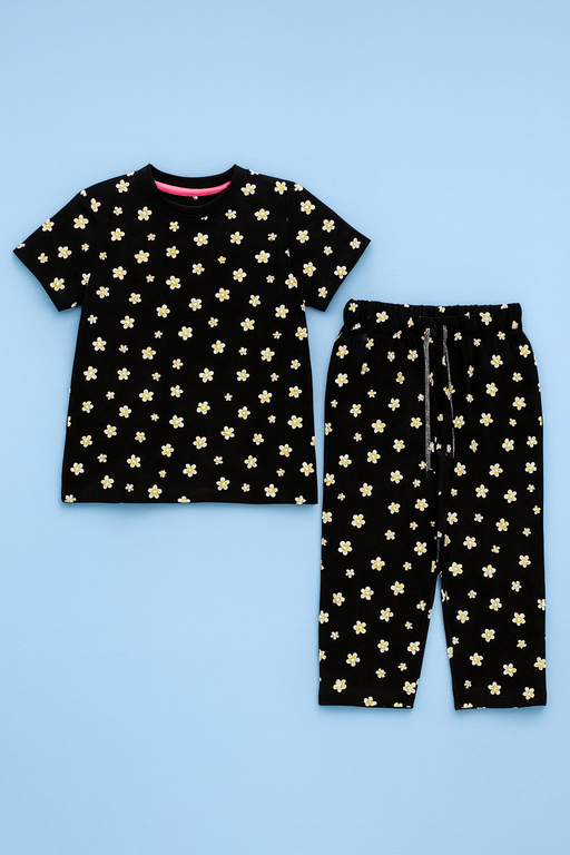 Yours | Girls Capri Set| Short Sleeve | Black