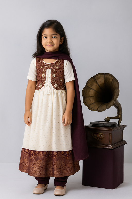 Coat Model shalwar - 3 piece set with Sleeve | White & Purple