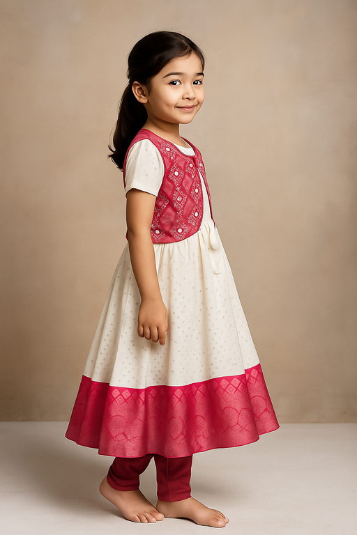 Coat Model shalwar - 3 piece set with Sleeve | White & Pink