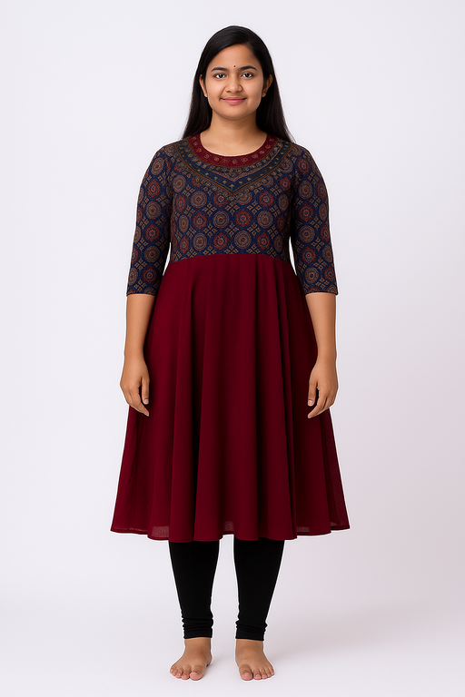 Dual Tone Jewelle neck Kurti Top | Bule & Red