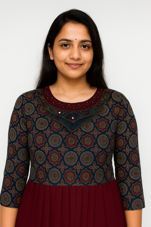 Dual Tone Jewelle neck Kurti Top | Bule & Red