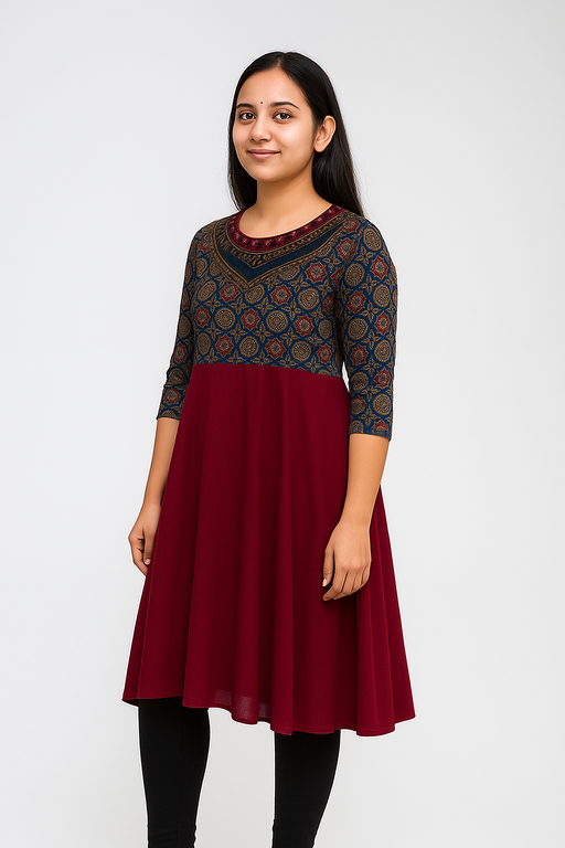 Dual Tone Jewelle neck Kurti Top | Bule & Red