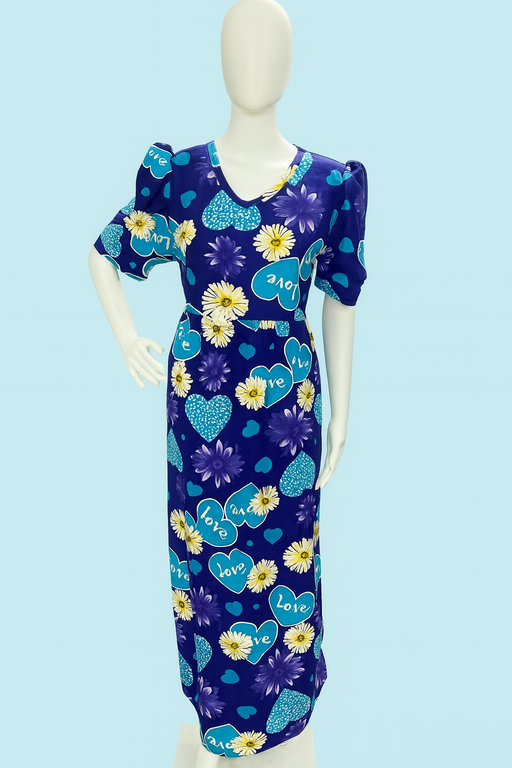 Non-Feeding Maxi | Puff sleeve | Flower & Heart Print | Blue