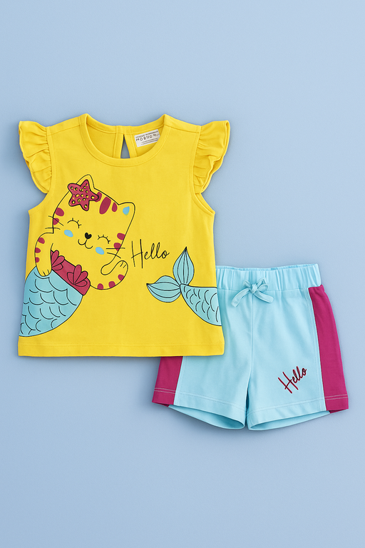 Kidlyboo | Girls T-shirt and shorts set | Short Sleeve | Yellow - kitty