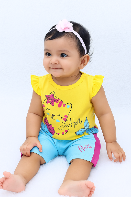 Kidlyboo | Girls T-shirt and shorts set | Short Sleeve | Yellow - kitty