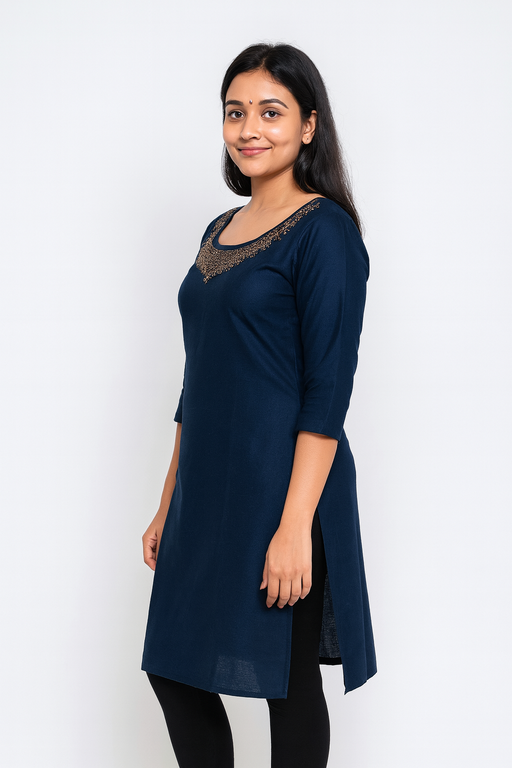 Jewell Neck Designer Kurti Top | Navy Blue