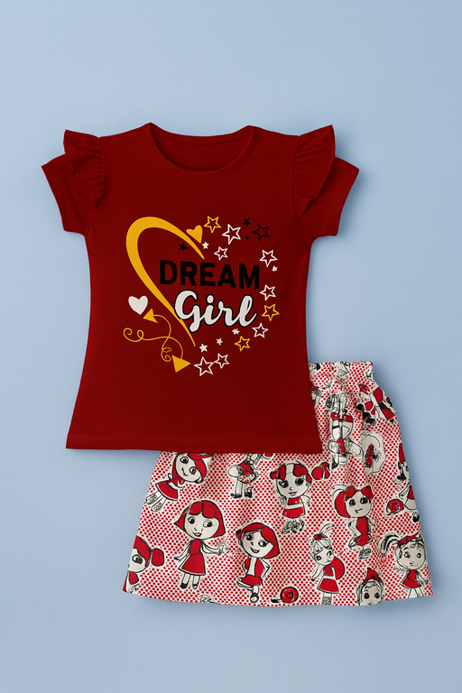 Story Kids| Girls T-shirt and Skirt set | Short Sleeve | Dark Red