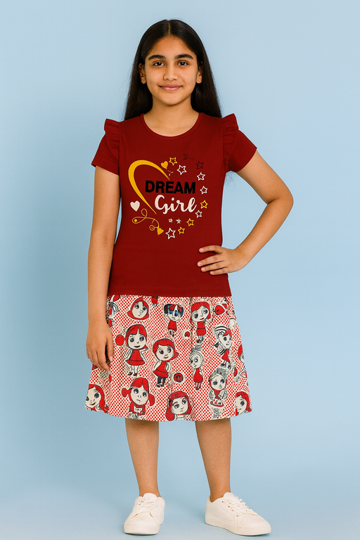 Story Kids| Girls T-shirt and Skirt set | Short Sleeve | Dark Red